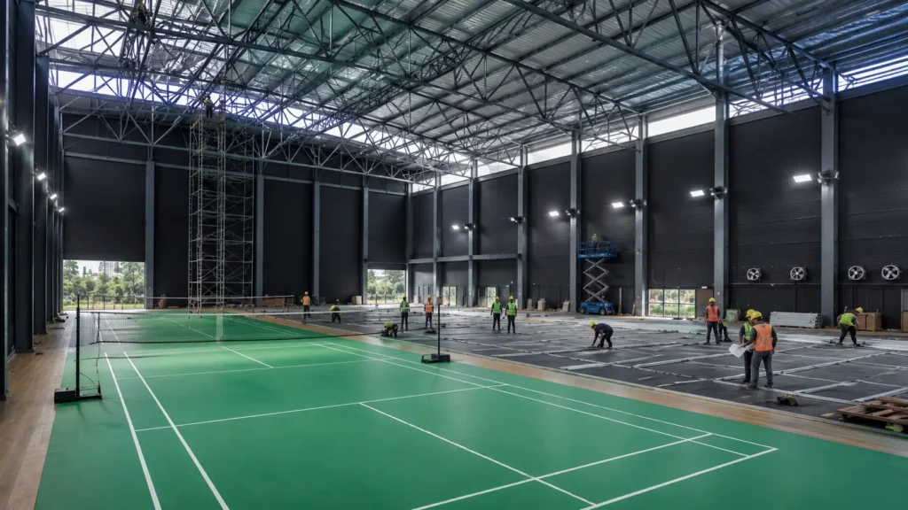 Indoor badminton court construction in Bengaluru showing high steel-truss ceiling, sports lighting, ventilation, flooring installation and regulation court layout.
