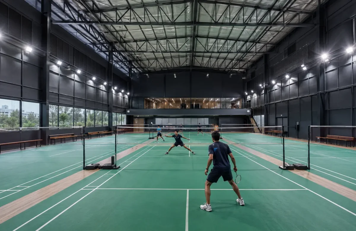 Modern indoor badminton court design in Bengaluru with regulation-size courts, professional flooring, LED lighting and high-clearance ceiling.