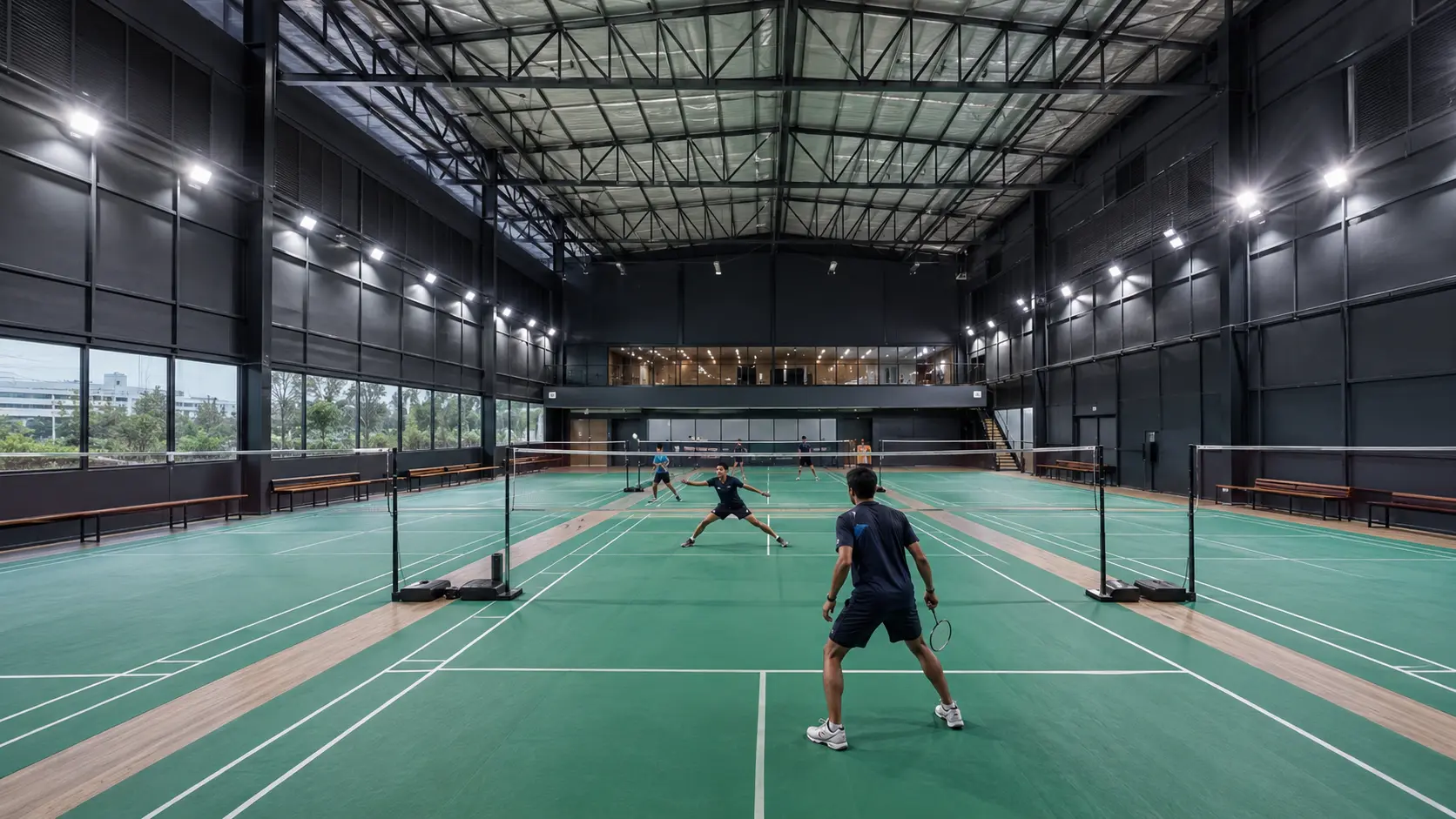 Modern indoor badminton court design in Bengaluru with regulation-size courts, professional flooring, LED lighting and high-clearance ceiling.