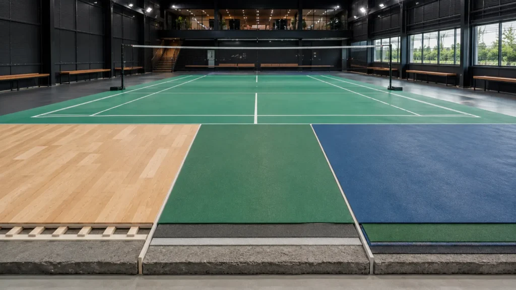 Badminton court flooring options showing wooden, PU and synthetic sports surfaces with layered construction in a modern indoor facility.