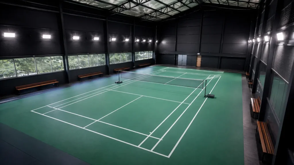 Elevated view of a regulation indoor badminton court showing singles and doubles lines, net, safety clearance and professional sports flooring.