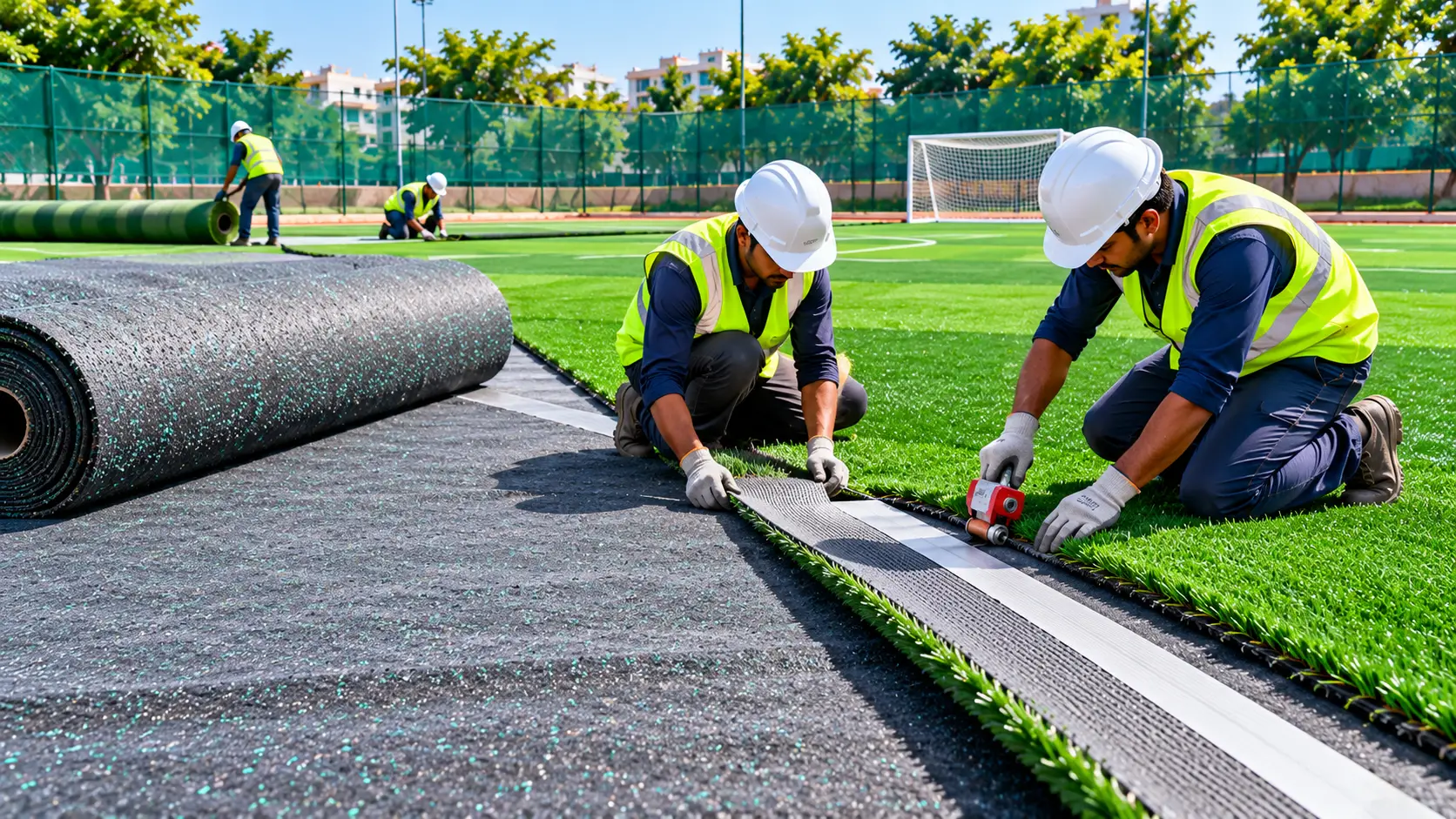 Roll out the carpet, trim it and join seams with tape and adhesive.